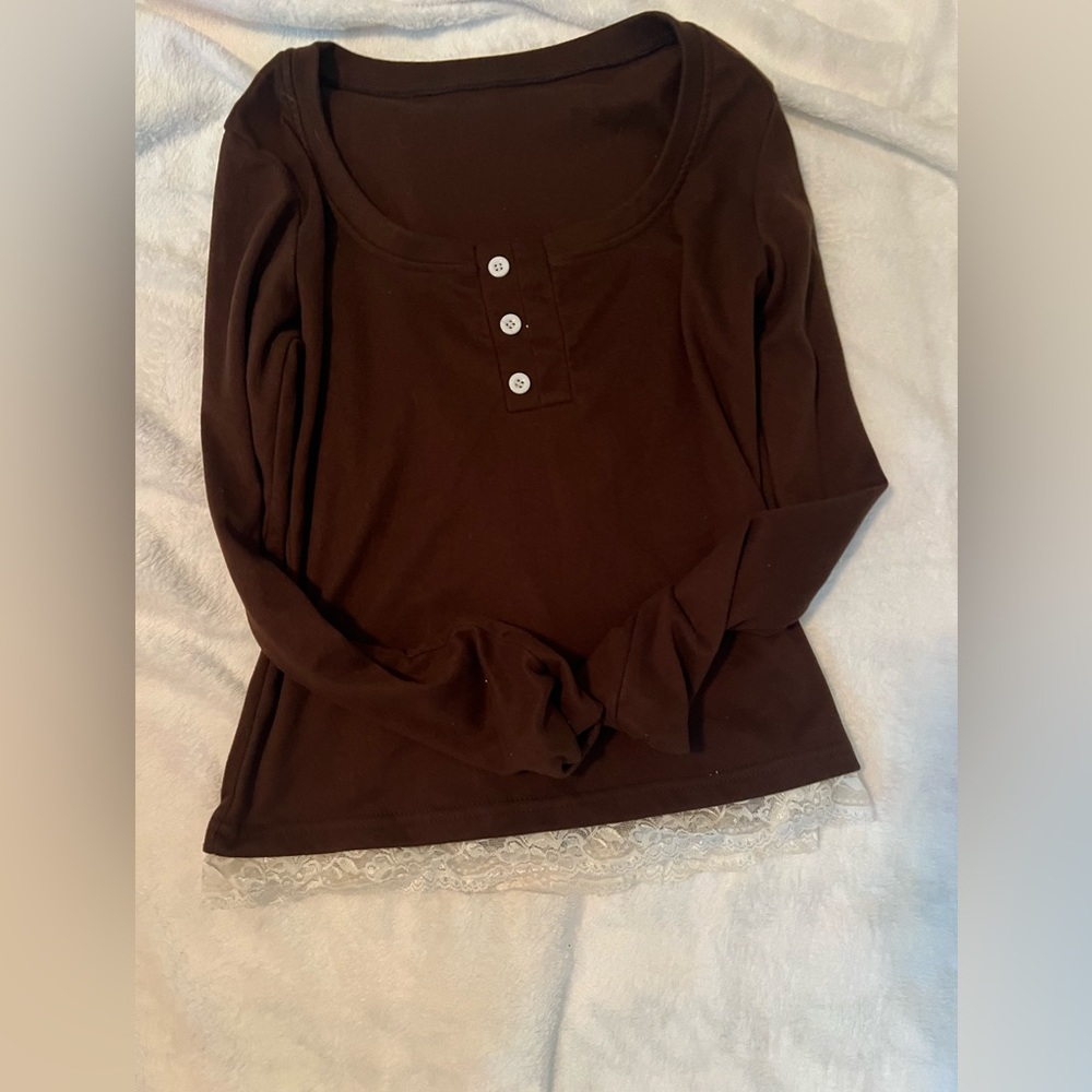 Dark Brown Long Sleeve Top Lace XS - Picture 3 of 3
